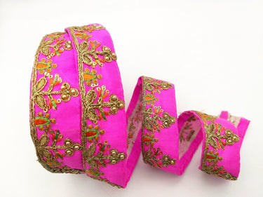 Fuchsia Pink Art Silk Trim In Orange And Gold Embroidery, Approx. 35mm wide, Decorative Trim